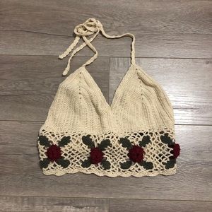 UO Cream Crochet Rose Halter Top
